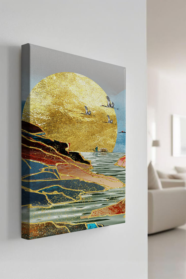 Majestic Golden Sun with Birds over Serene Landscape