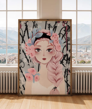 Ilustración caprichosa de una chica con cabello rosa y corona floral