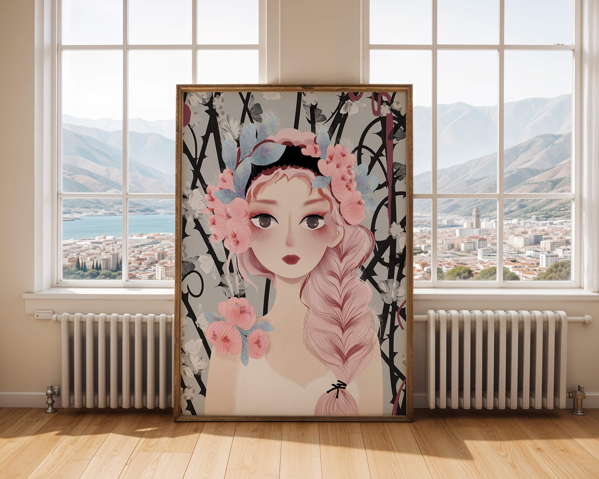 Whimsical illustration of a girl with pink hair and floral crown