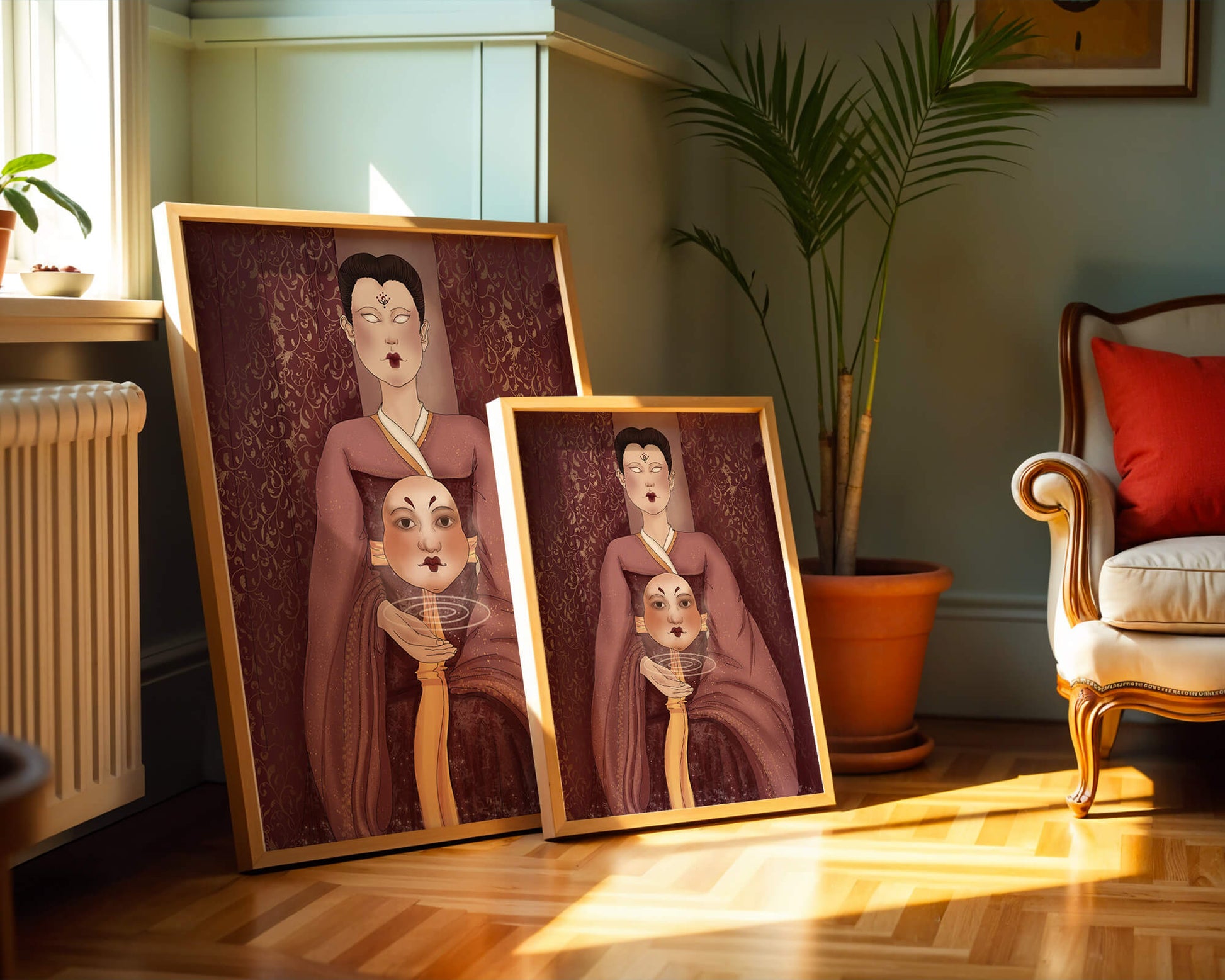 Ilustración de una figura mística con máscara y fondo ornamentado