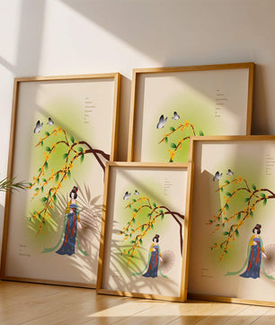 Traditional Chinese painting featuring a woman with flowers and butterflies