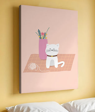 Illustration of a cute white cat with a pink vase and yarn ball on a pastel background