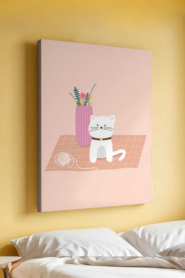 Illustration of a cute white cat with a pink vase and yarn ball on a pastel background