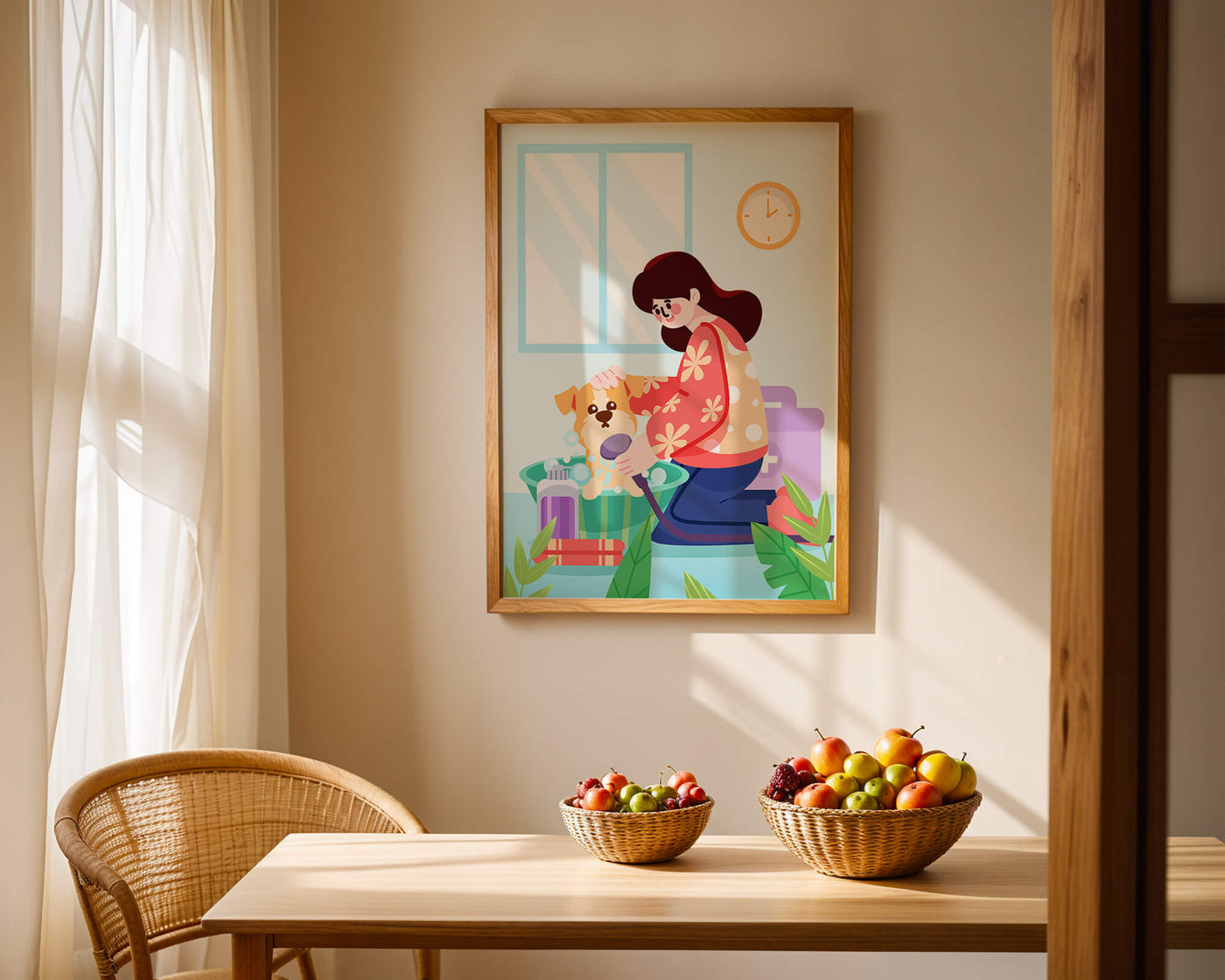 Woman giving a bath to a dog in a colorful bathroom setting