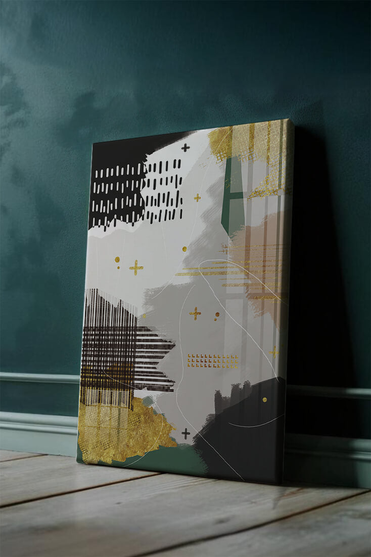 Abstract mixed media art with gold and geometric patterns