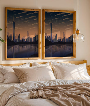 Skyline der Stadt bei Sonnenuntergang mit futuristischem Touch und Wasserspiegelung
