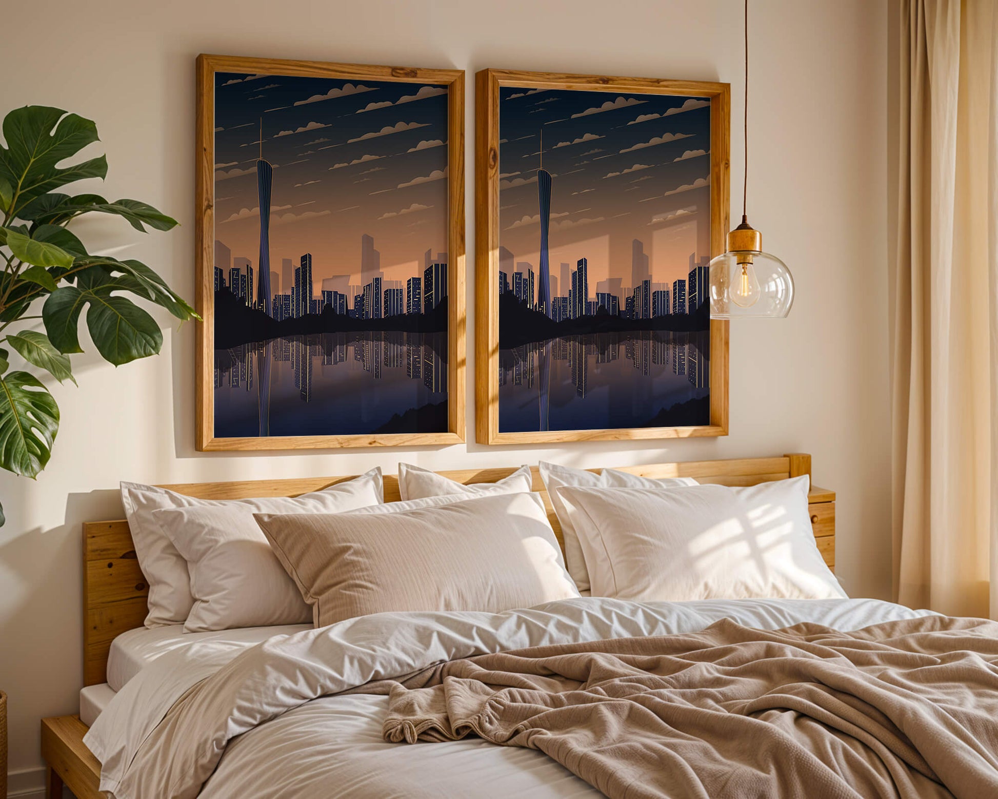 Skyline der Stadt bei Sonnenuntergang mit futuristischem Touch und Wasserspiegelung