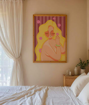 Ilustración abstracta de una mujer serena con el pelo largo y rubio y flores