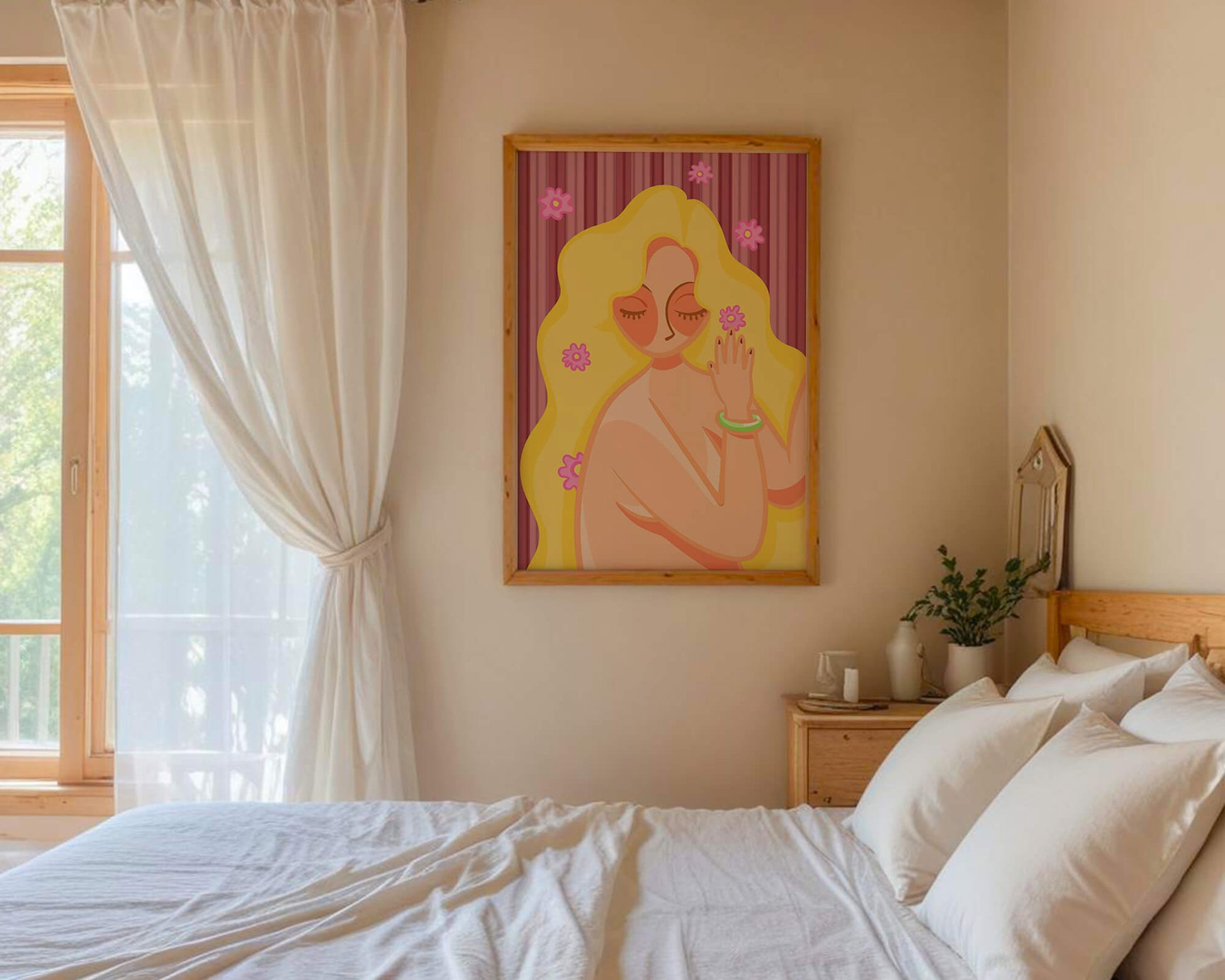Ilustración abstracta de una mujer serena con el pelo largo y rubio y flores