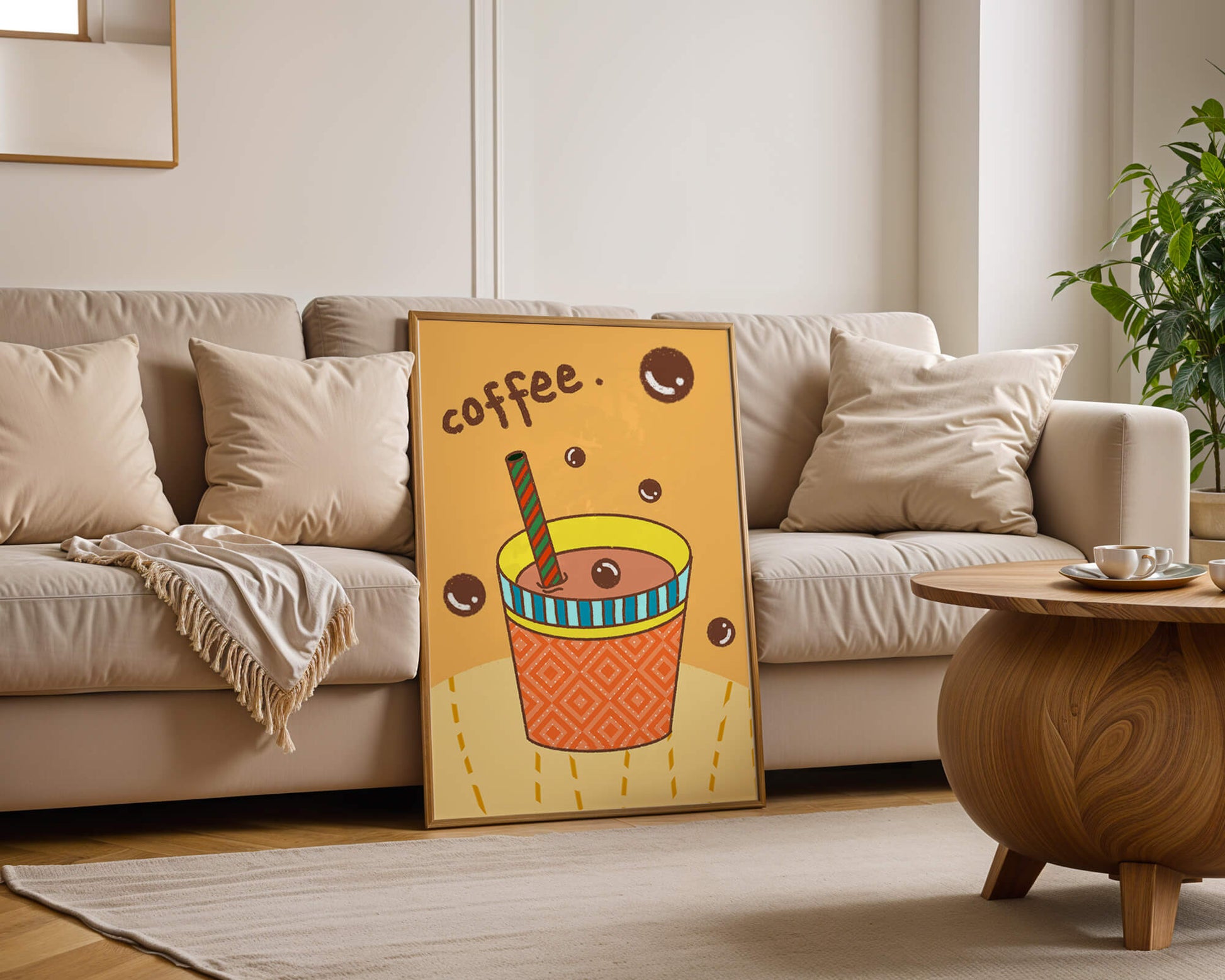Colorful coffee cup illustration with bubbles and straw