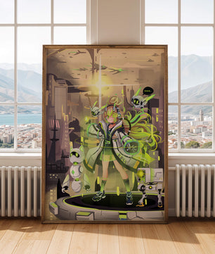 Chica de anime futurista con aura verde y compañeros robóticos en un paisaje urbano de ciencia ficción