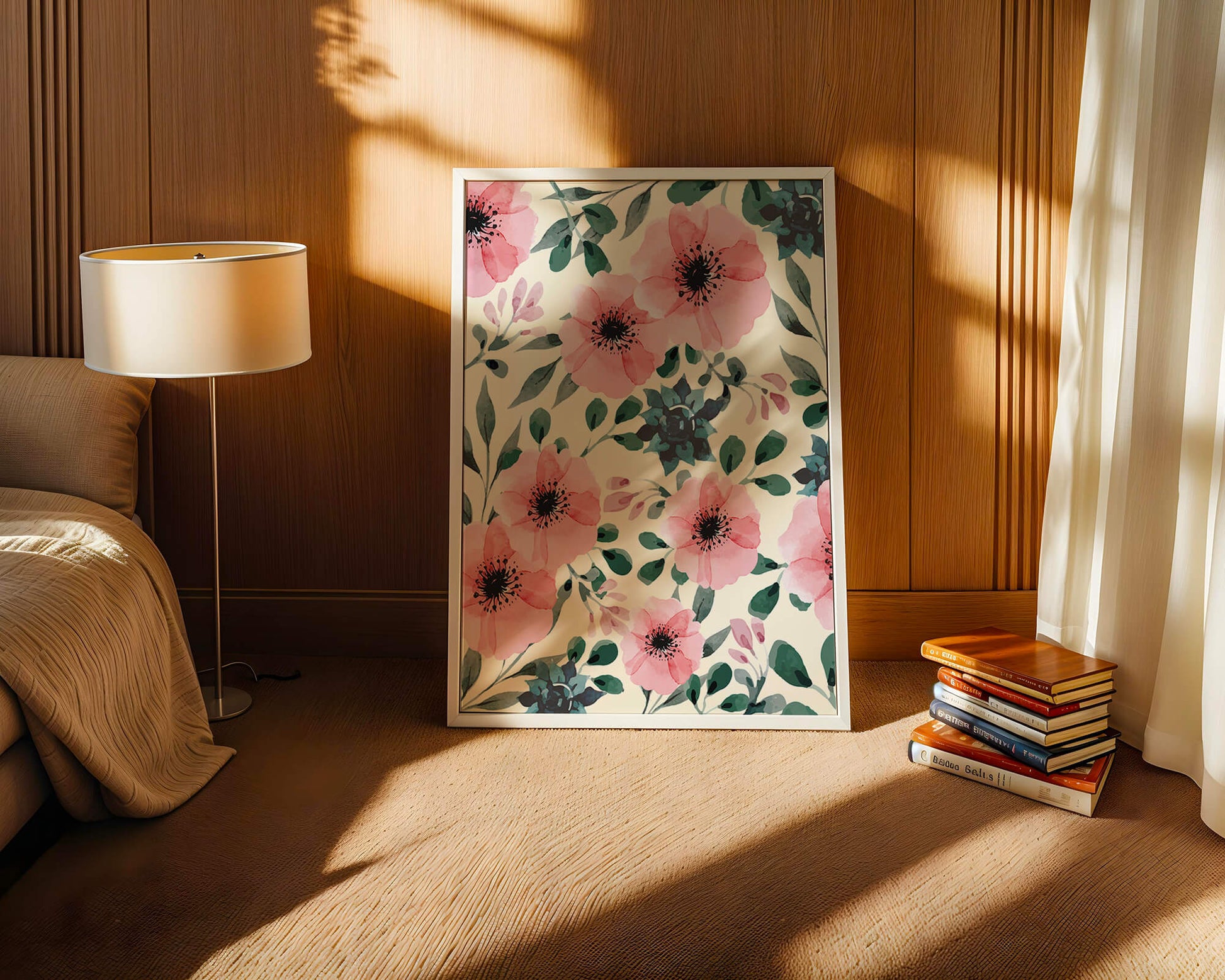 Floral Watercolor Pattern with Pink Flowers and Green Leaves