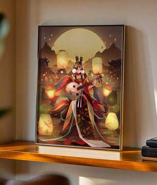 Elegant musician with traditional attire under lanterns and mountains