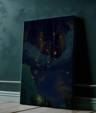 Enchanted night forest with glowing fireflies and dense foliage