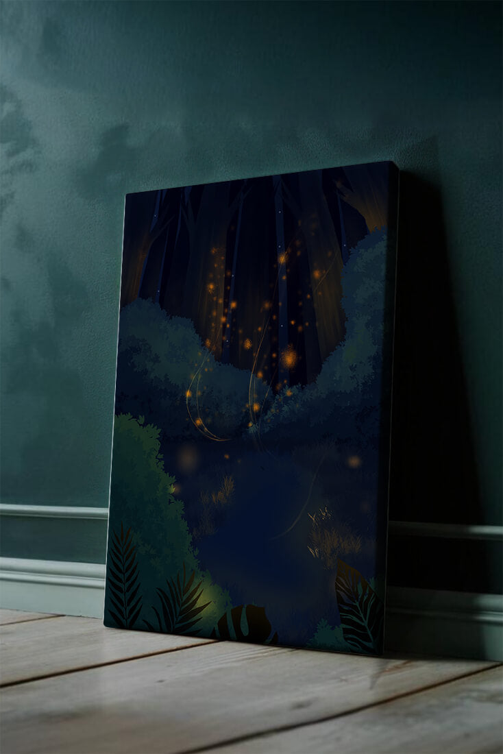 Enchanted night forest with glowing fireflies and dense foliage