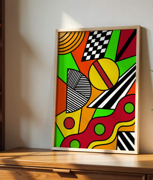 Vibrant geometric abstract artwork with bold colors and shapes