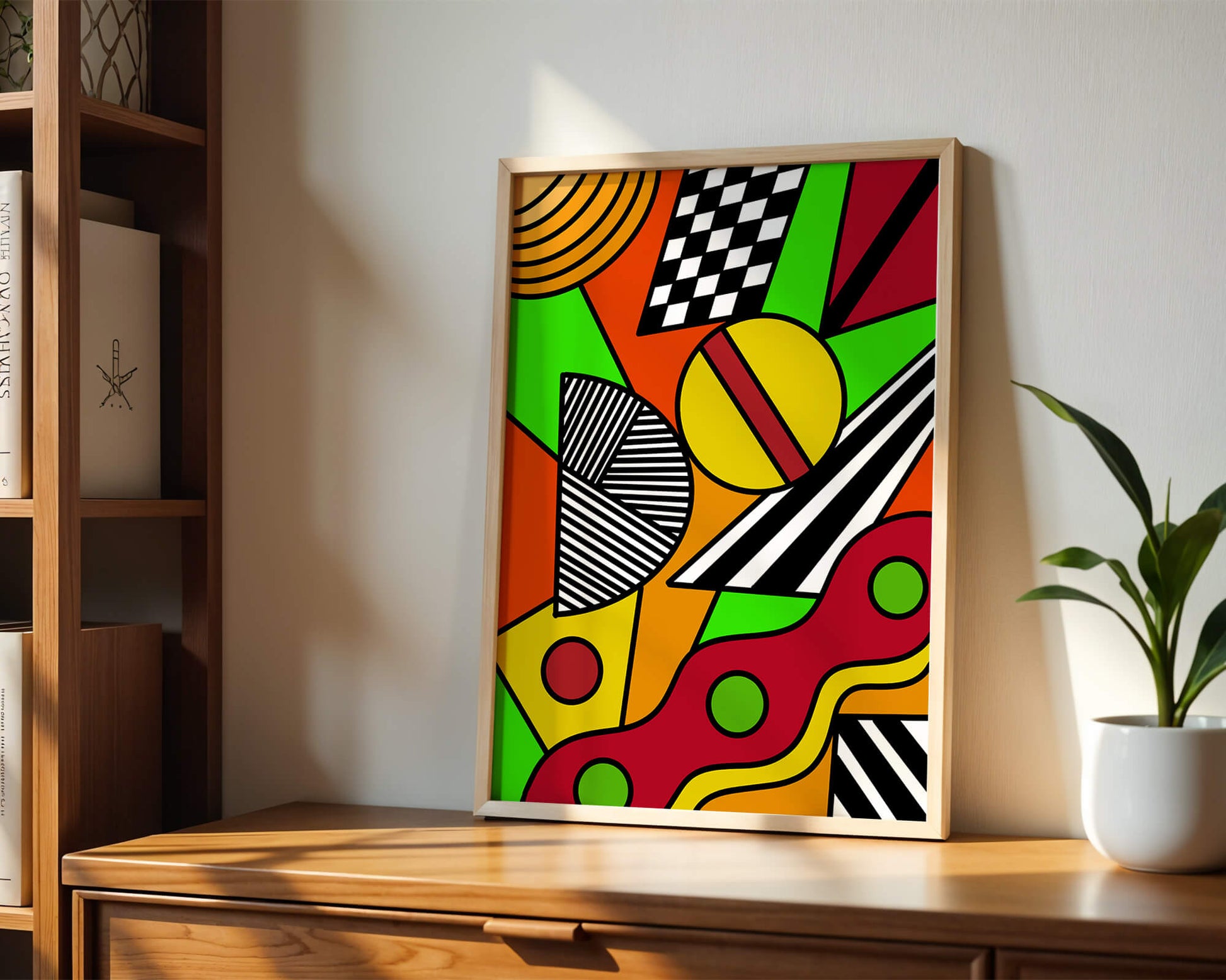 Vibrant geometric abstract artwork with bold colors and shapes