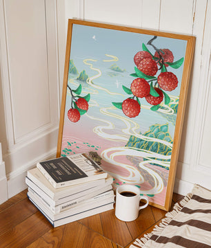 Idyllic Landscape with Lush Lychee Branches and Serene Waterscape