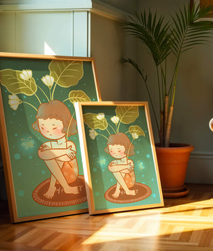 Ilustración de un niño con tocado floral y mariposas