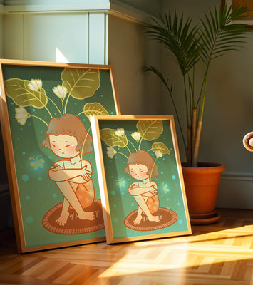 Child with floral headpiece and butterflies illustration