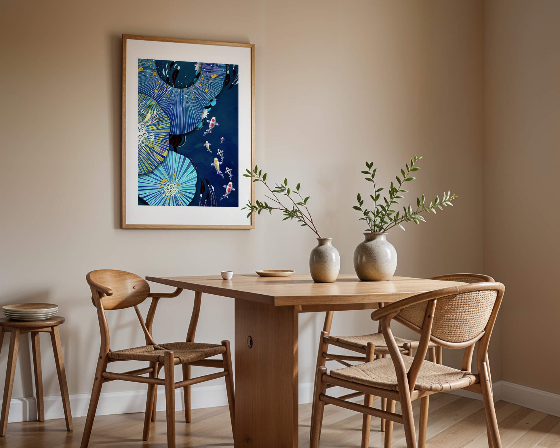 Vibrant underwater scene with koi fish and abstract floral design