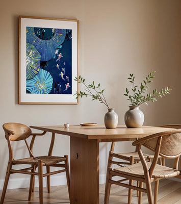 Vibrant underwater scene with koi fish and abstract floral design