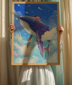 Illustration onirique d'une fille chevauchant une baleine à travers le ciel