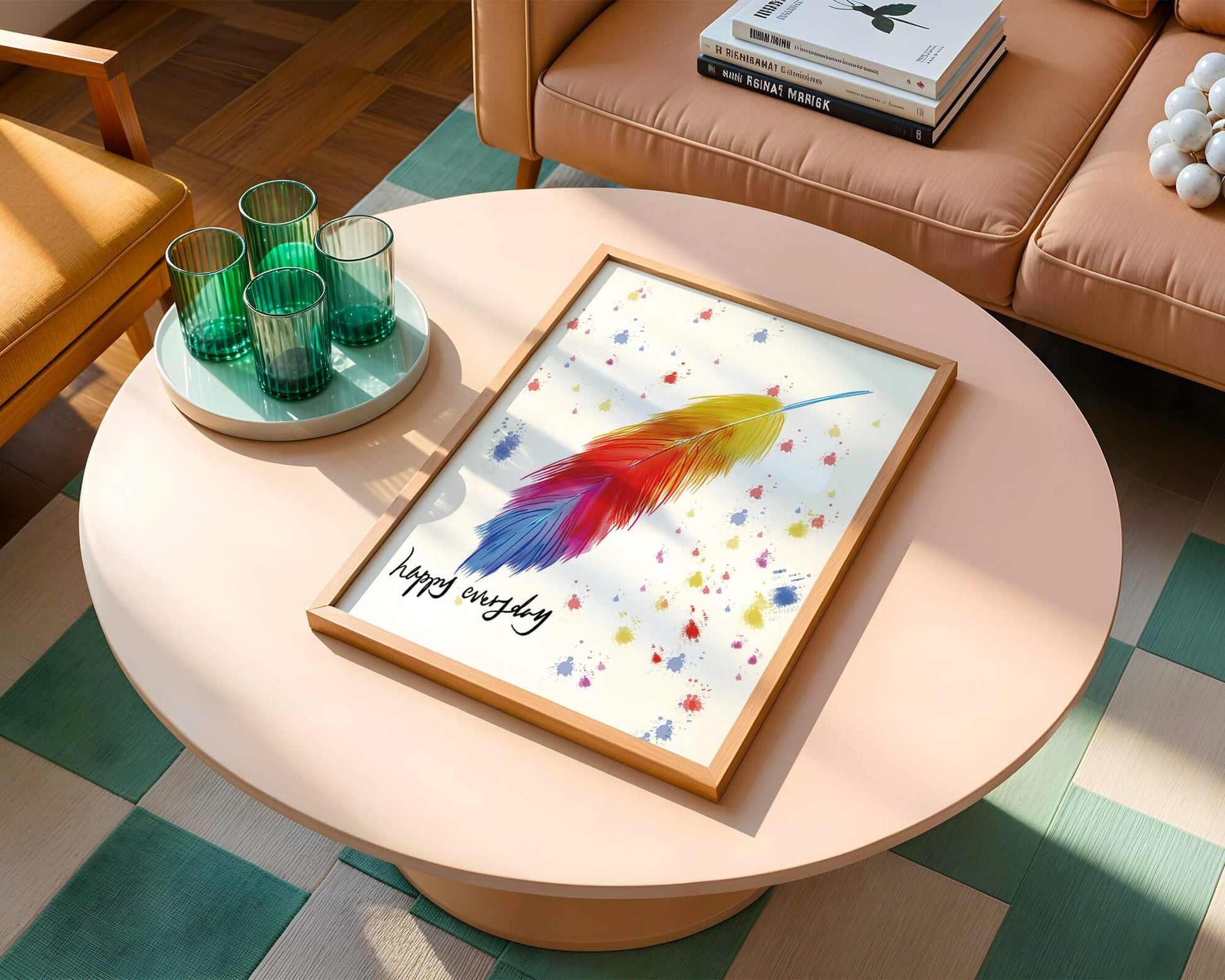 Colorful feather with inspirational message on abstract paint splatter background