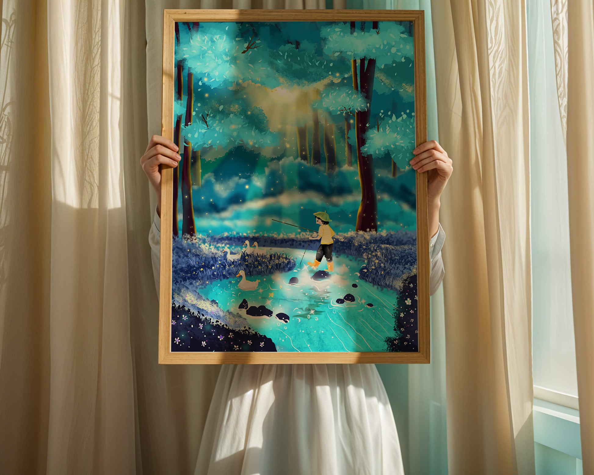 Colorful forest scene with a child and ducks by a stream