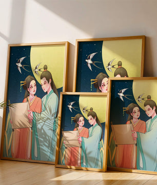 Elegant illustration of traditional attire with scroll and swallows under a full moon