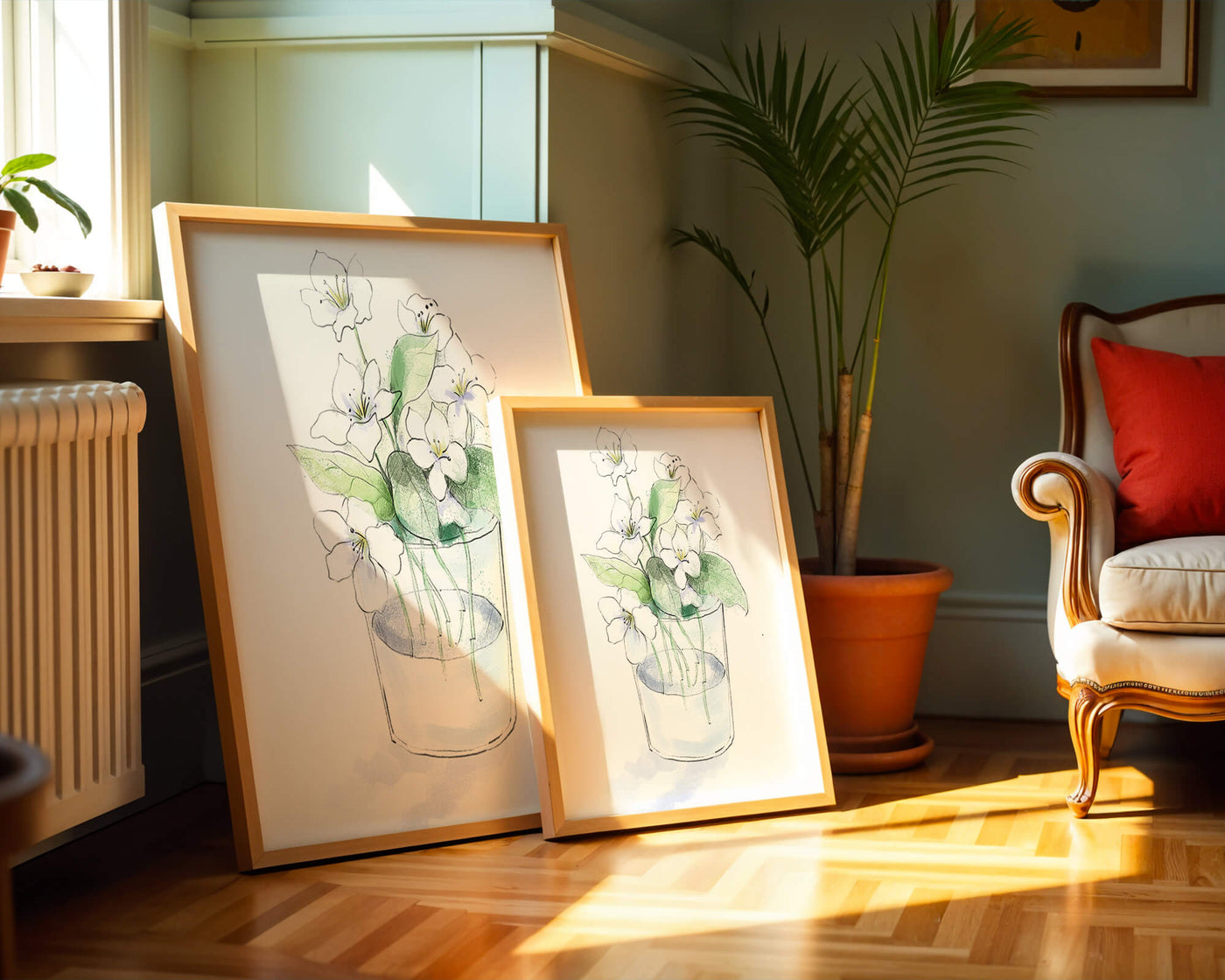 Delicate white flowers in a glass vase illustration