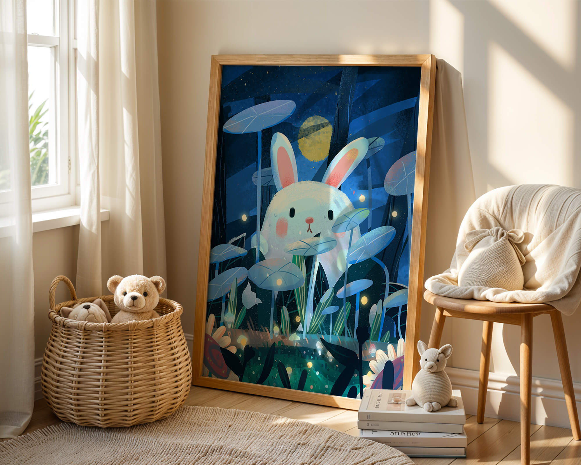 Cute rabbit in a dreamy moonlit forest