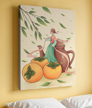 Whimsical scene with a woman in traditional attire among persimmons and leaves