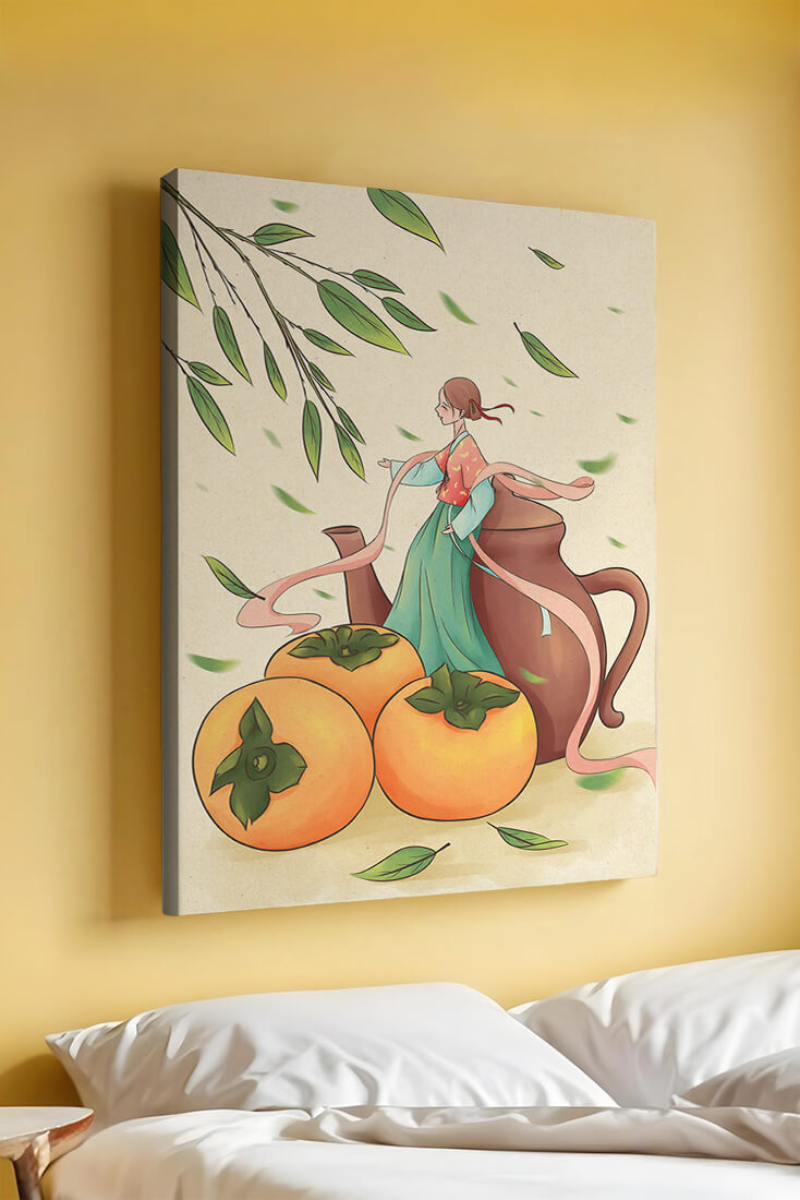 Whimsical scene with a woman in traditional attire among persimmons and leaves