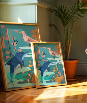 Geometric Dolphin and Seagull with Floral Elements in Abstract Nature