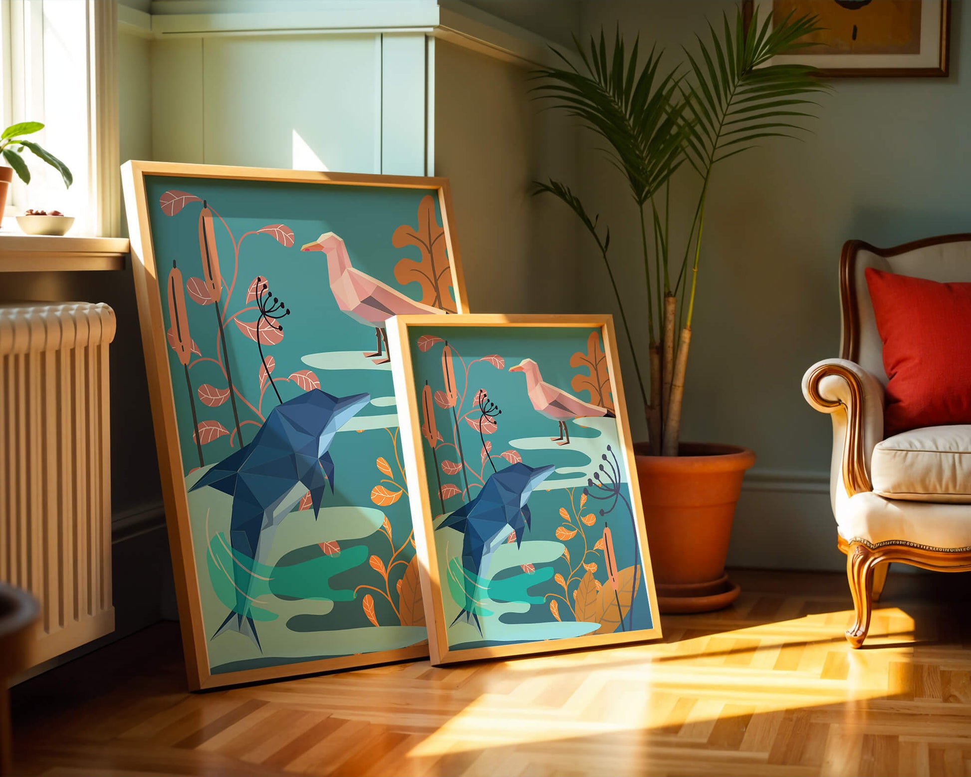 Geometric Dolphin and Seagull with Floral Elements in Abstract Nature
