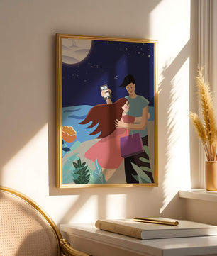 Pareja romántica abrazándose bajo una noche iluminada por la luna
