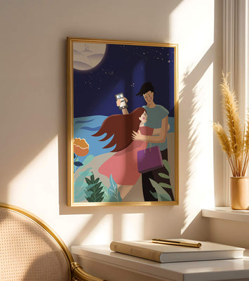 Romantic couple embracing under a moonlit night