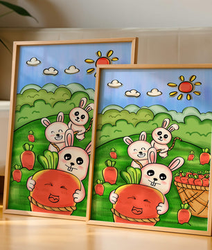 Illustration de lapins espiègles avec des carottes dans un champ ensoleillé