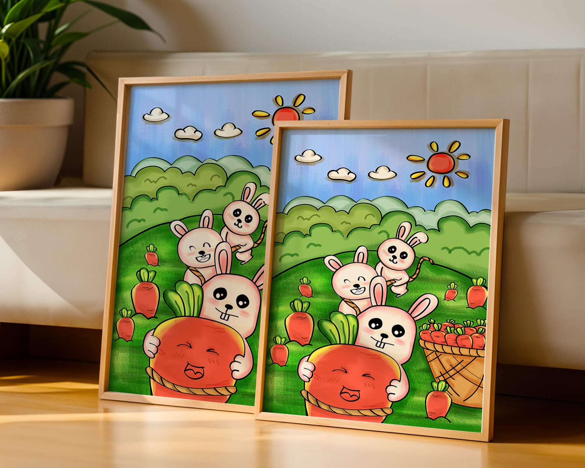 Illustration de lapins espiègles avec des carottes dans un champ ensoleillé