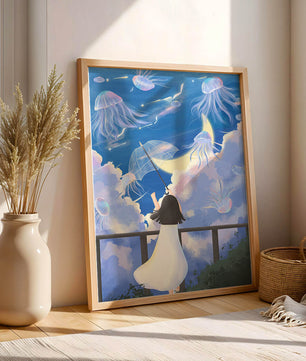 Young girl with umbrella watching surreal jellyfish sky