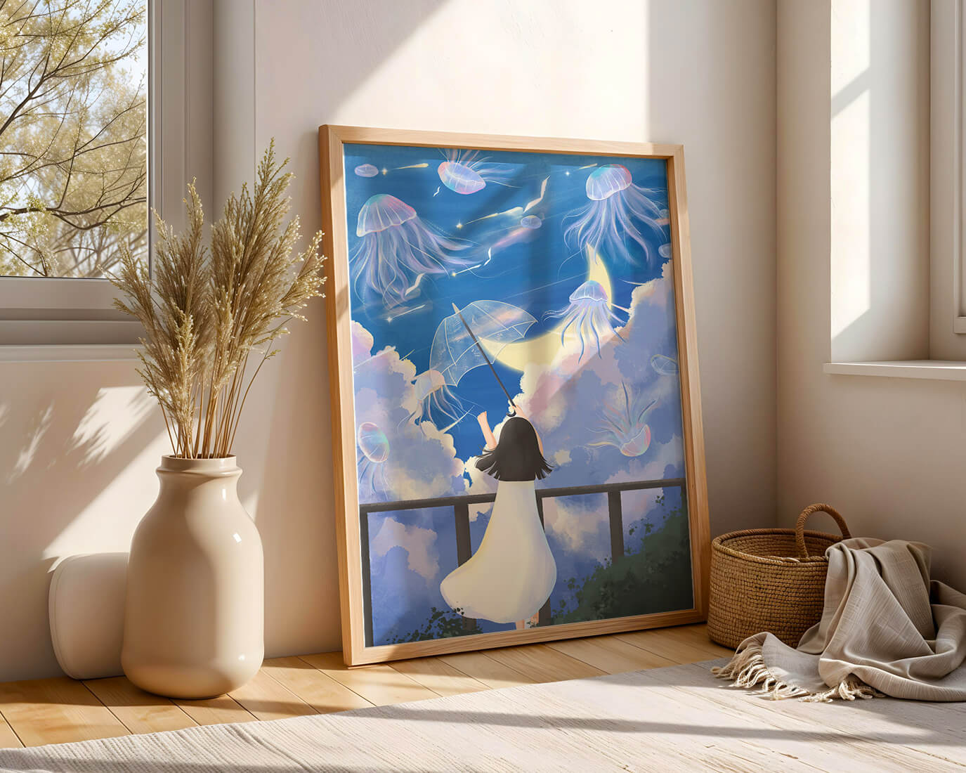 Young girl with umbrella watching surreal jellyfish sky