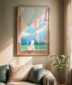 Serene scene with cat gazing out at cherry blossoms through window