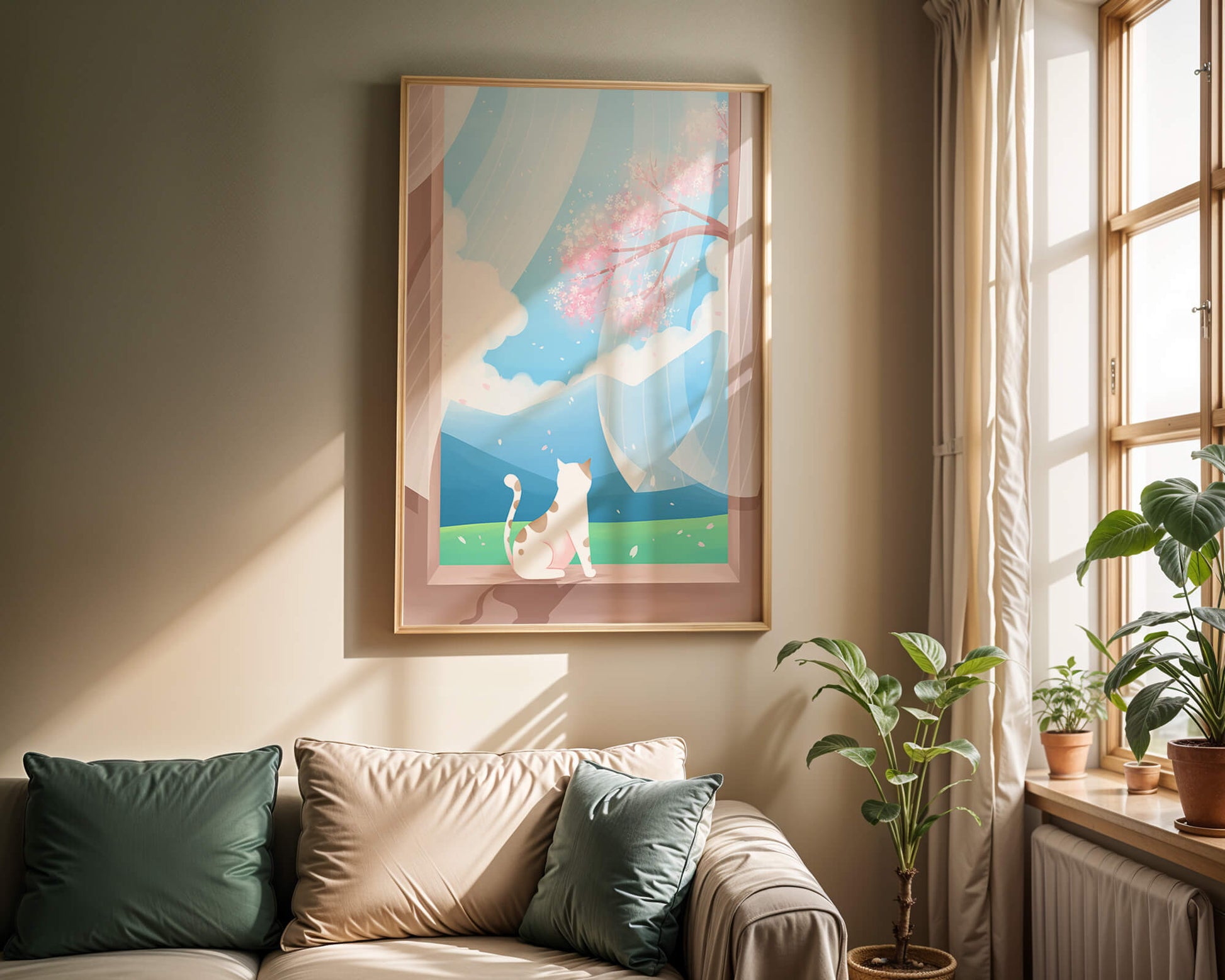 Serene scene with cat gazing out at cherry blossoms through window