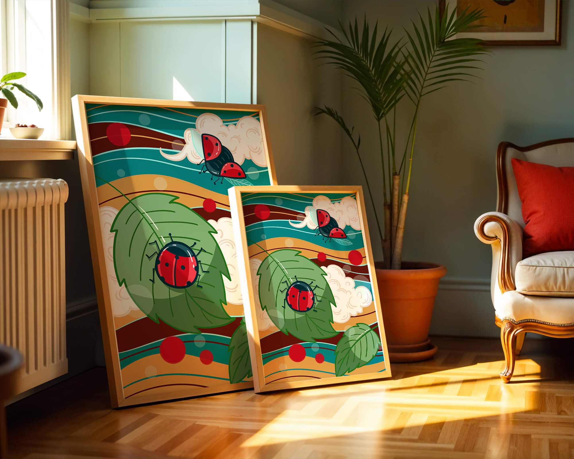 Colorful illustration of ladybugs in a whimsical natural setting