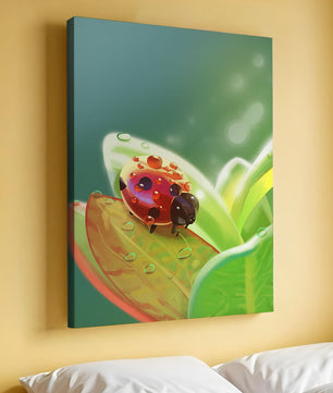 Ladybug on Leaf with Dew Drops in Serene Nature Setting - Mi tienda