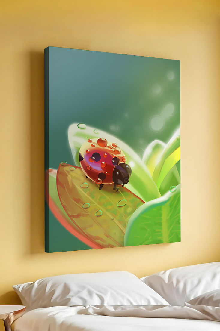 Ladybug on Leaf with Dew Drops in Serene Nature Setting