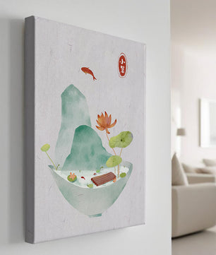 Paysage tranquille avec poissons, lotus et montagne dans un bol