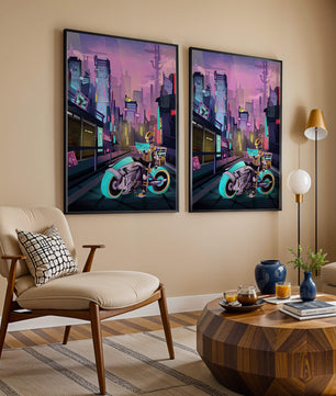 Paisaje urbano futurista cyberpunk con rascacielos iluminados con neón y motociclista