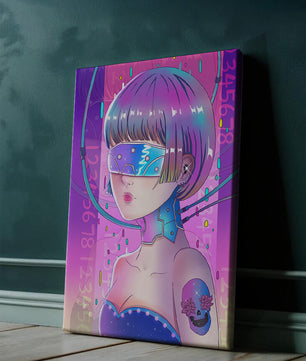 Chica cyberpunk futurista con colores neón y elementos de realidad virtual